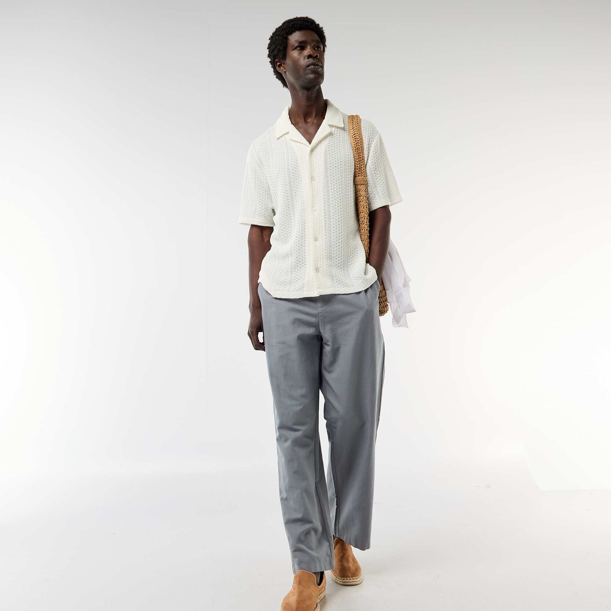 Short-sleeved open-knit shirt WHITE