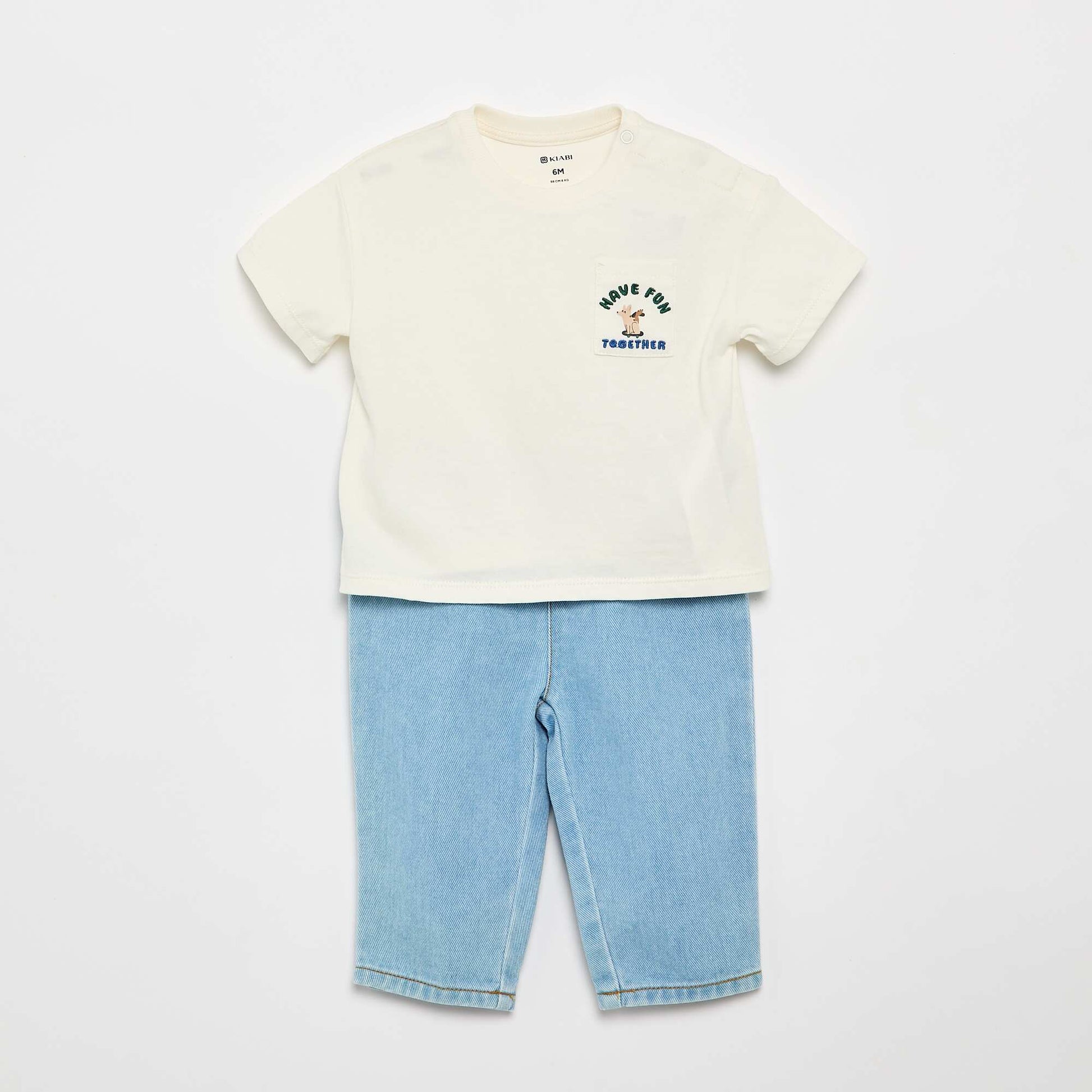 2-Piece T-shirt and Denim Pants Set WHITE