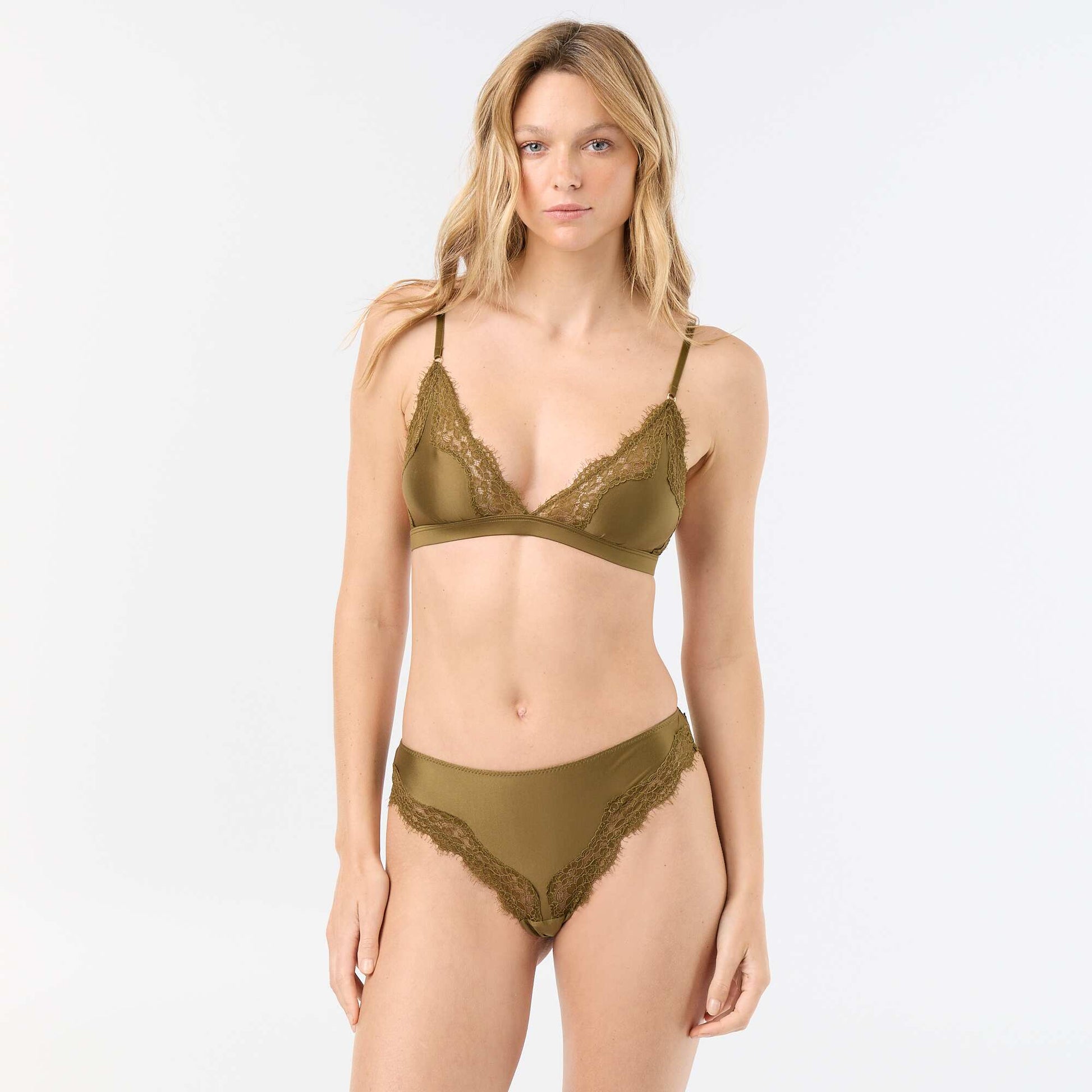 Satin-effect Microfiber and Lace Triangle Bra GREEN