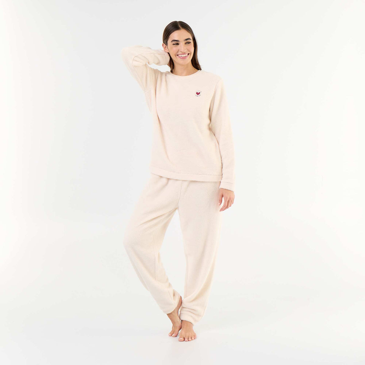 Fleece T-shirt and Trousers Pajama Set - 2-piece WHITE