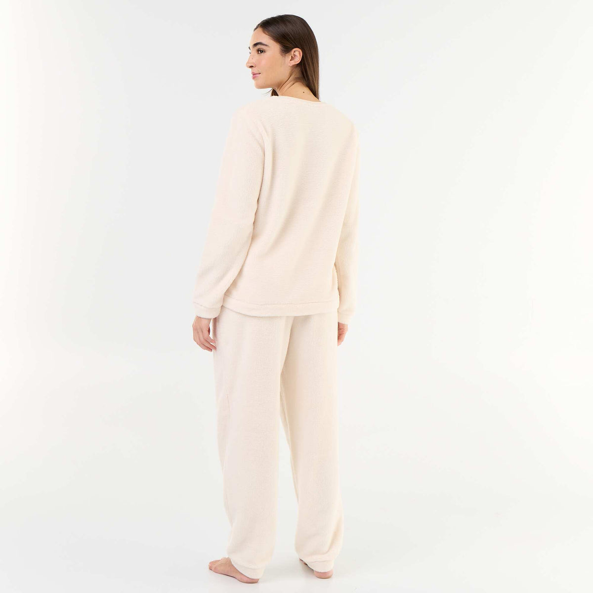 Fleece T-shirt and Trousers Pajama Set - 2-piece WHITE