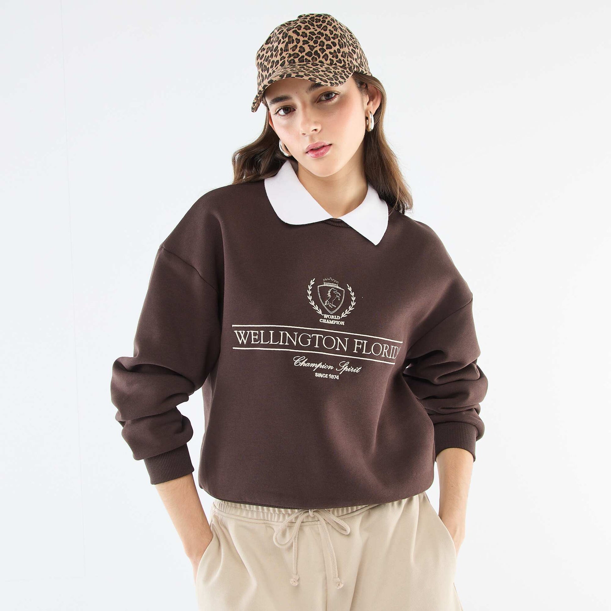 French terry polo collar sweatshirt BROWN