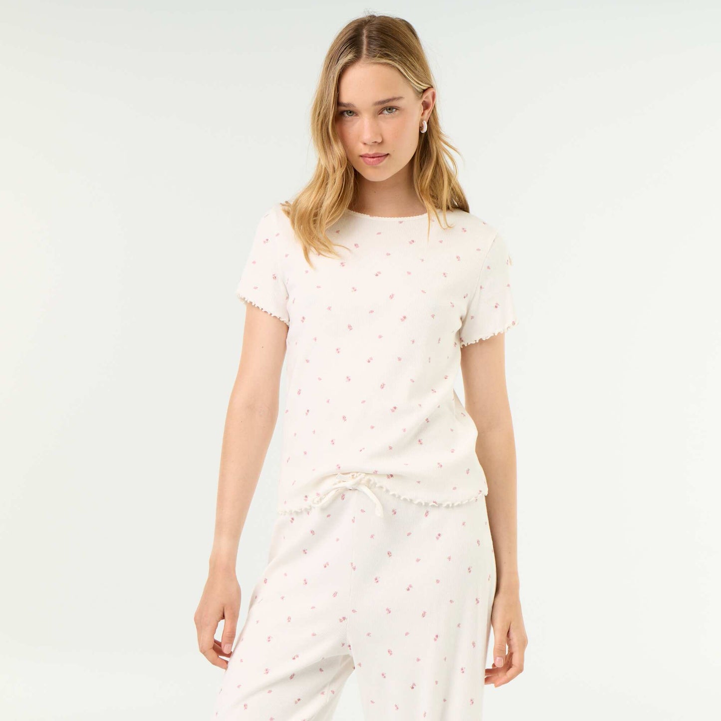 Ribbed Knit Pajama T-Shirt WHITE