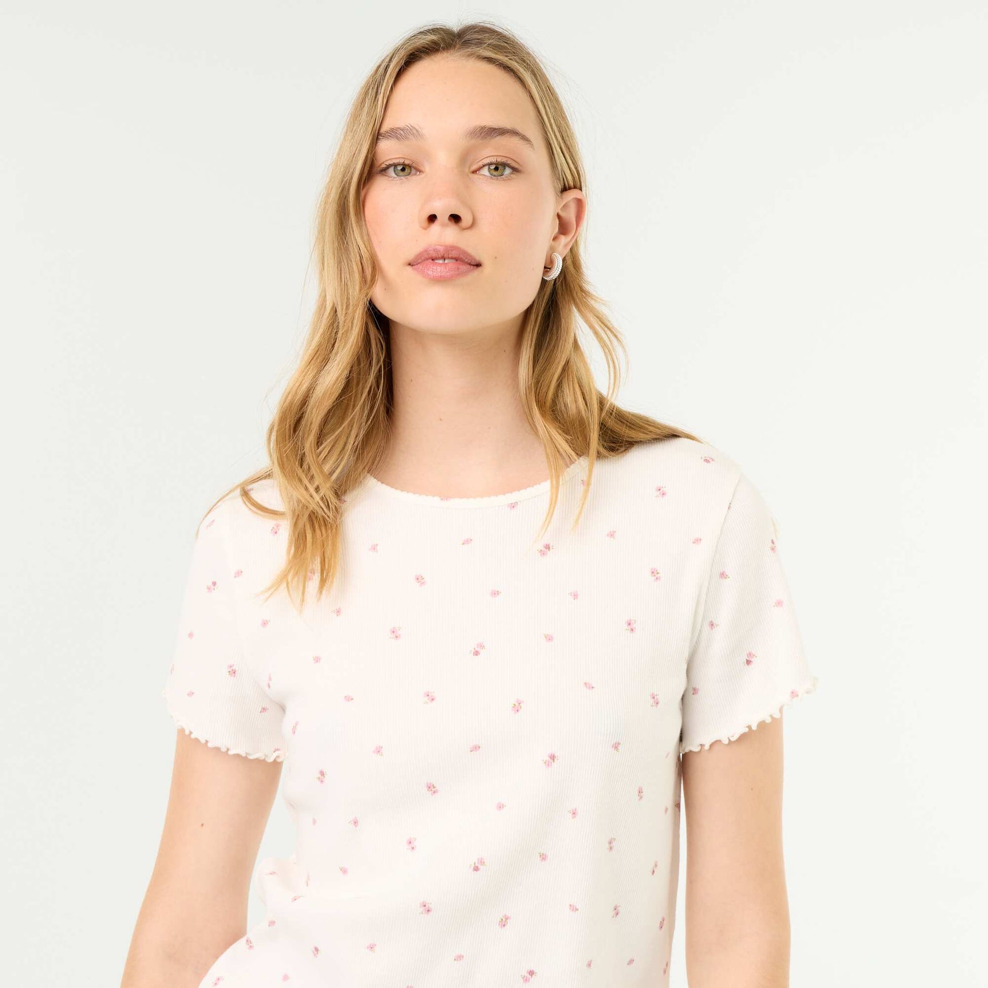 Ribbed Knit Pajama T-Shirt WHITE