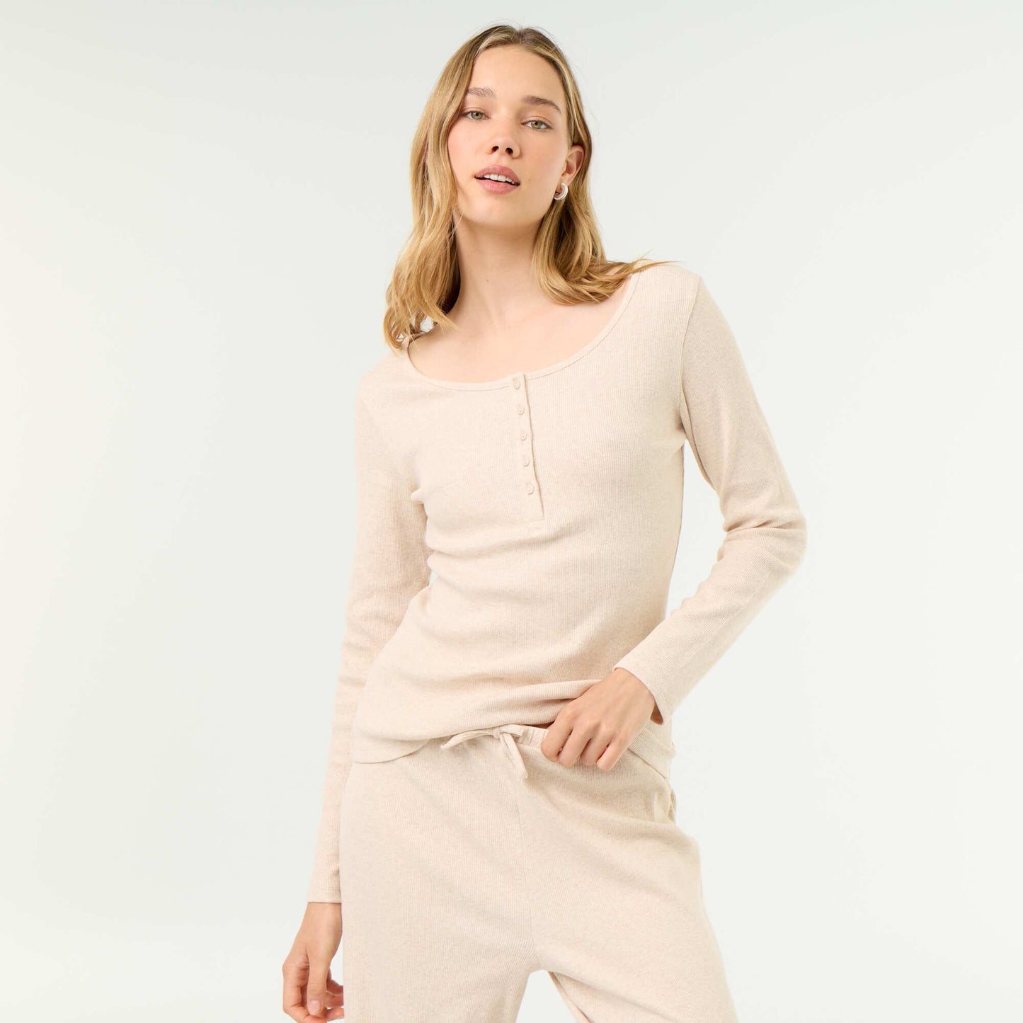 Ribbed Knit Pyjama T-shirt BEIGE