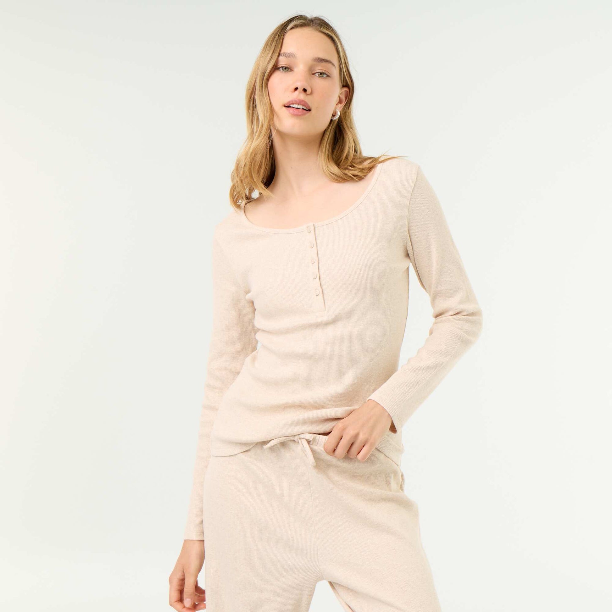 Ribbed Knit Pyjama T-shirt BEIGE