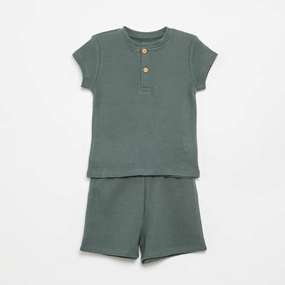 Ribbed knit 2-piece short pajamas GREEN