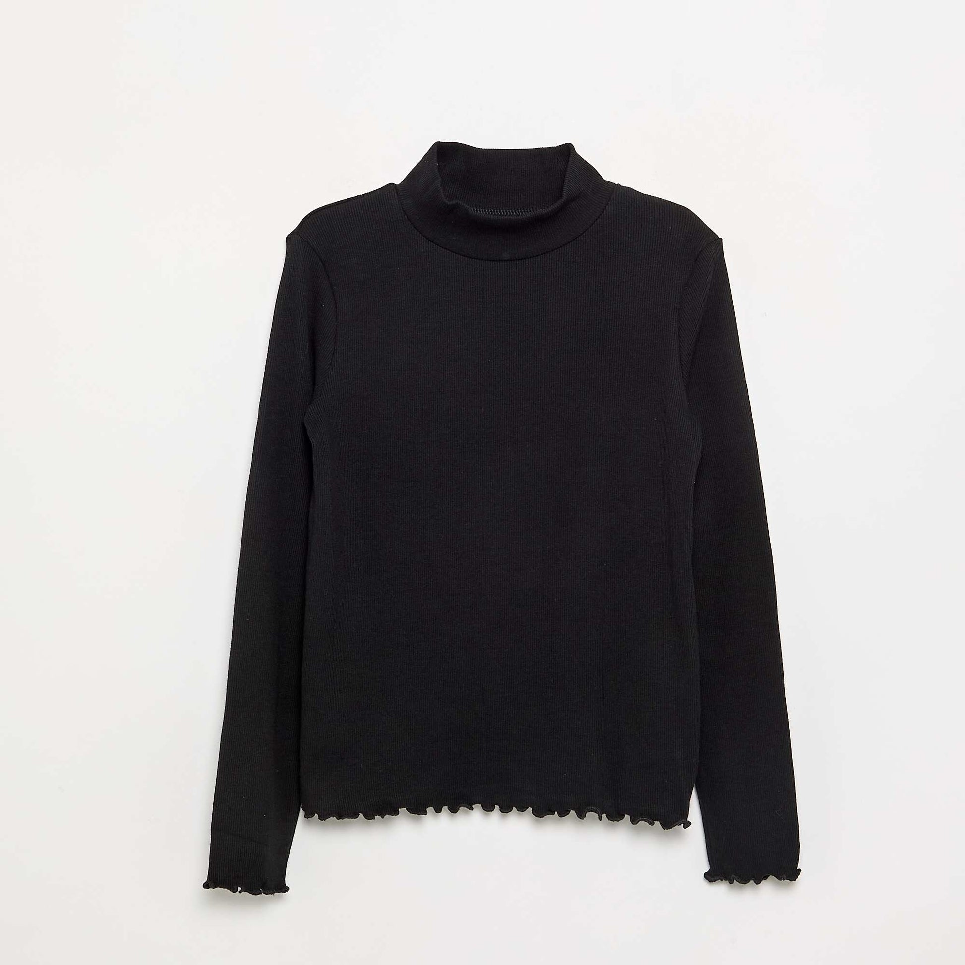 Solid Turtleneck with Lettuce Trim BLACK