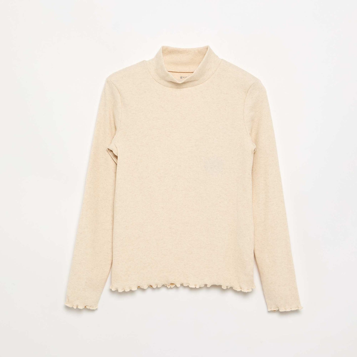 Solid Turtleneck with Lettuce Trim BEIGE