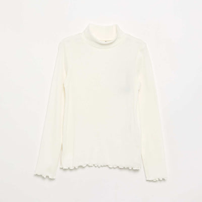 Solid Turtleneck with Lettuce Trim WHITE