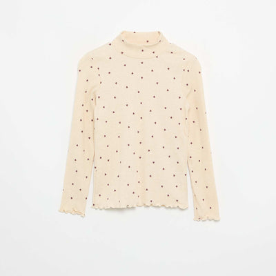 Printed Ribbed Knit Roll-Neck Top BEIGE