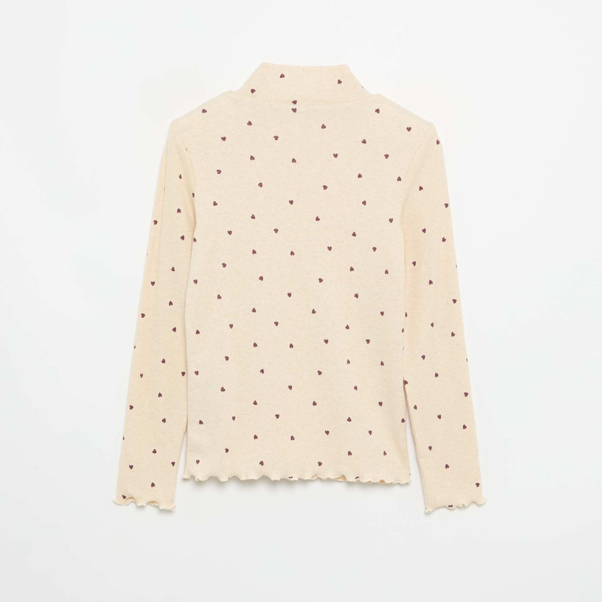 Printed Ribbed Knit Roll-Neck Top BEIGE