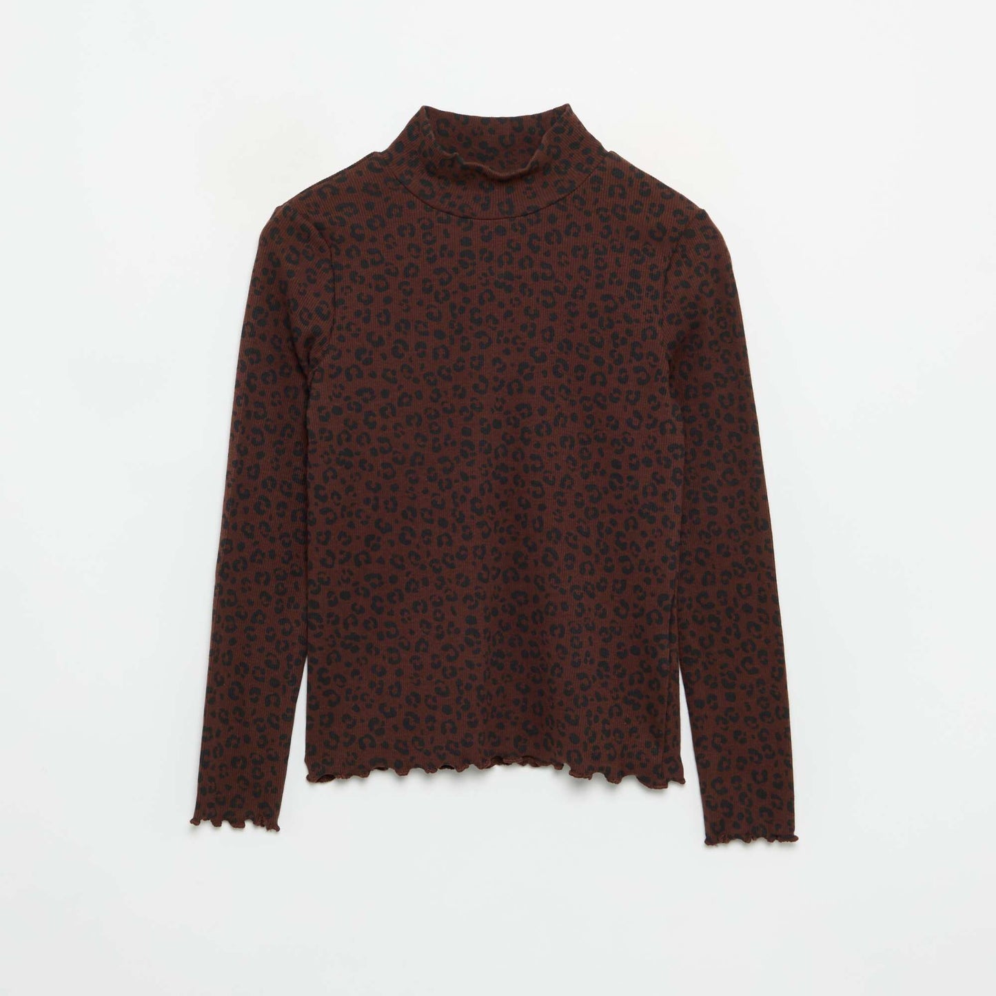 Printed Ribbed Knit Roll-Neck Top BROWN