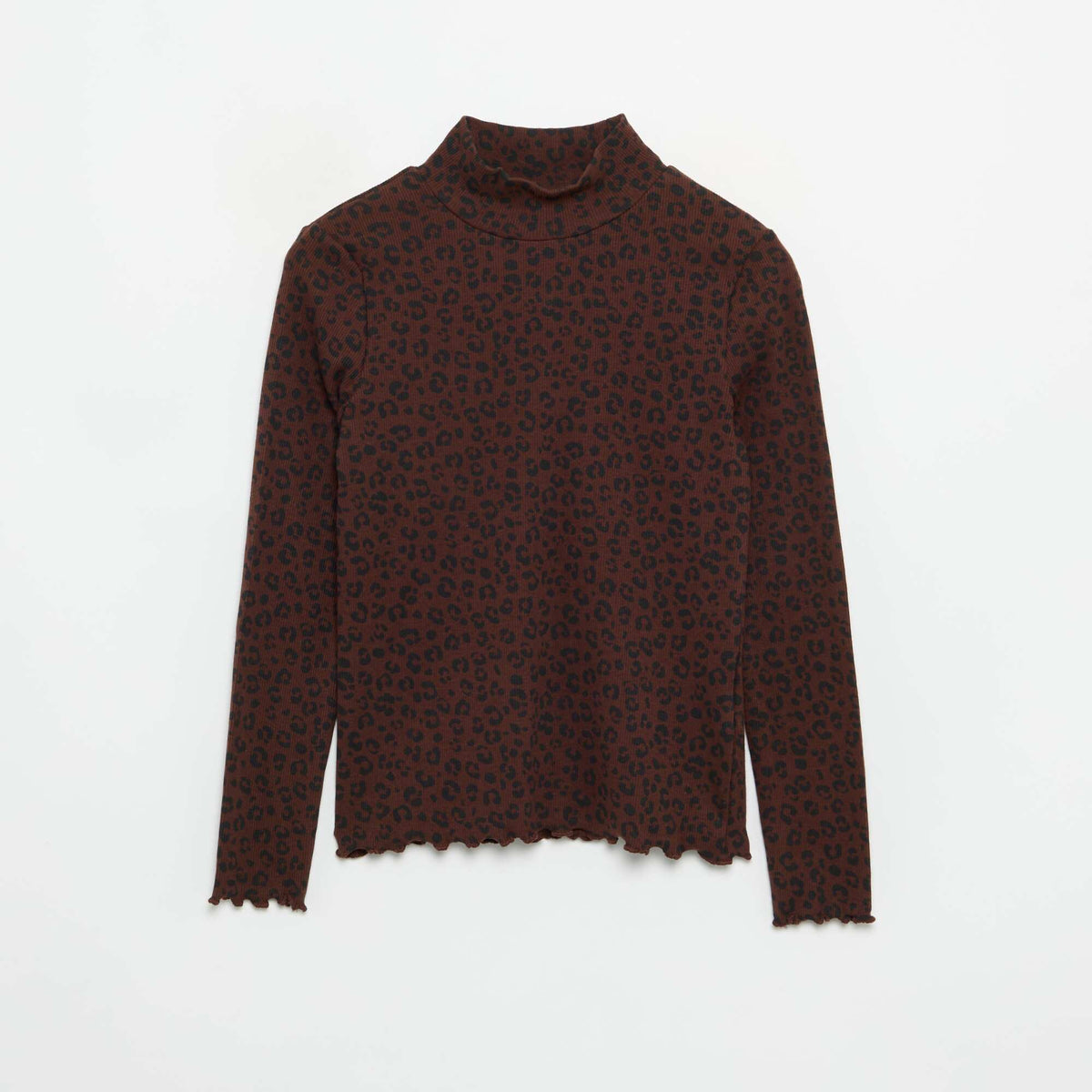 Printed Ribbed Knit Roll-Neck Top BROWN