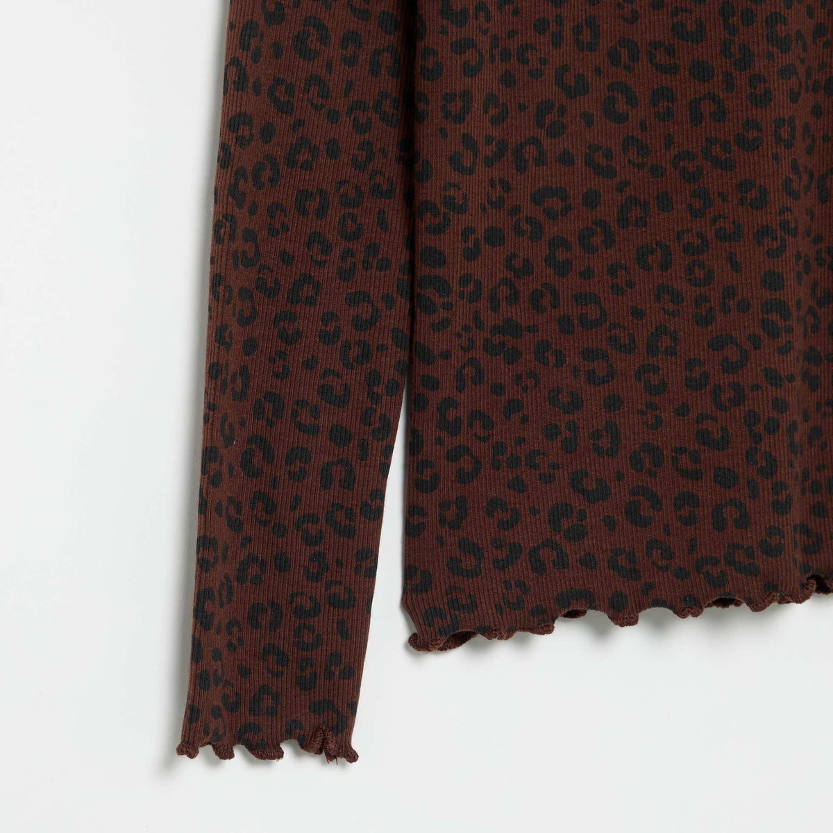 Printed Ribbed Knit Roll-Neck Top BROWN