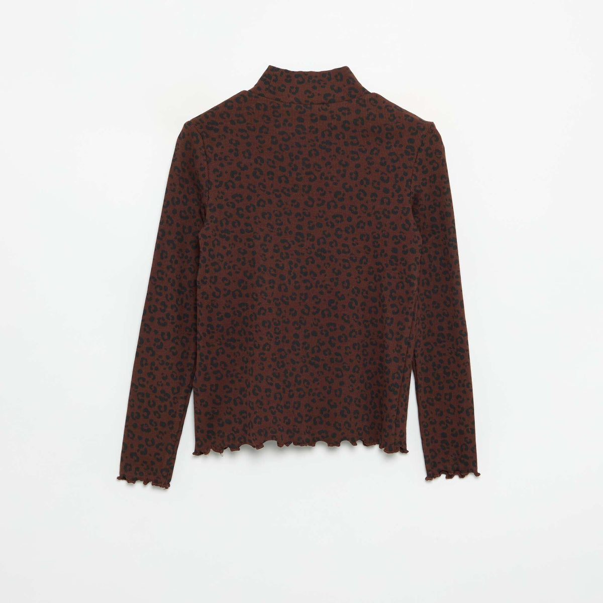 Printed Ribbed Knit Roll-Neck Top BROWN