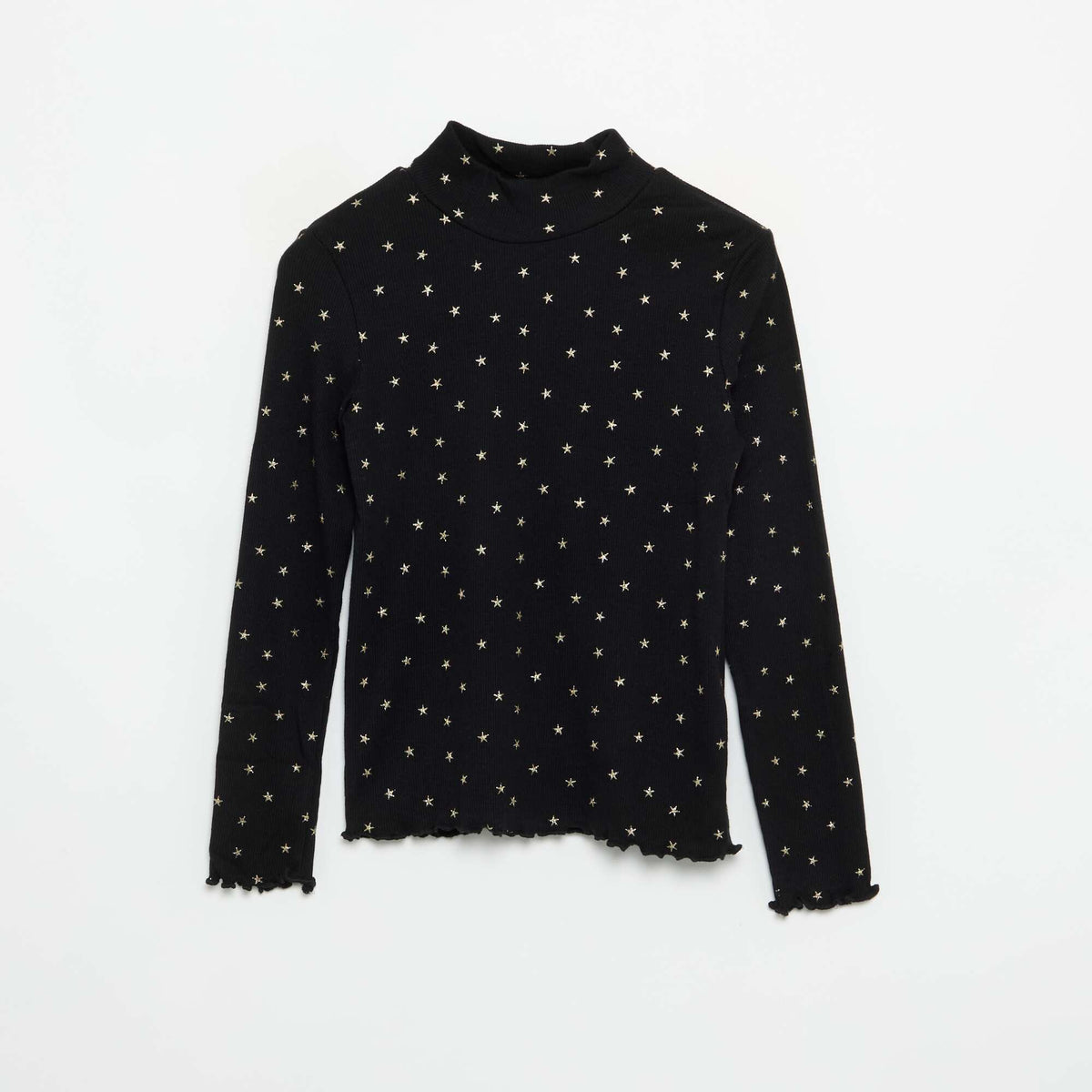 Printed Ribbed Knit Roll-Neck Top BLACK