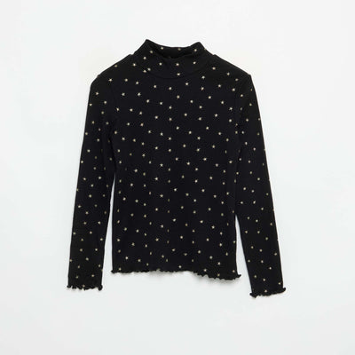 Printed Ribbed Knit Roll-Neck Top BLACK