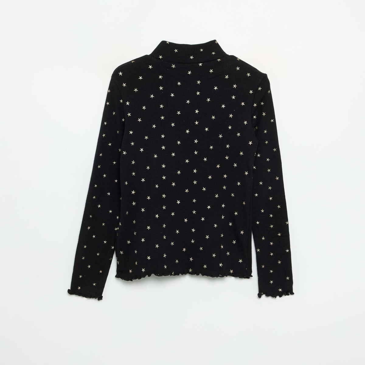 Printed Ribbed Knit Roll-Neck Top BLACK