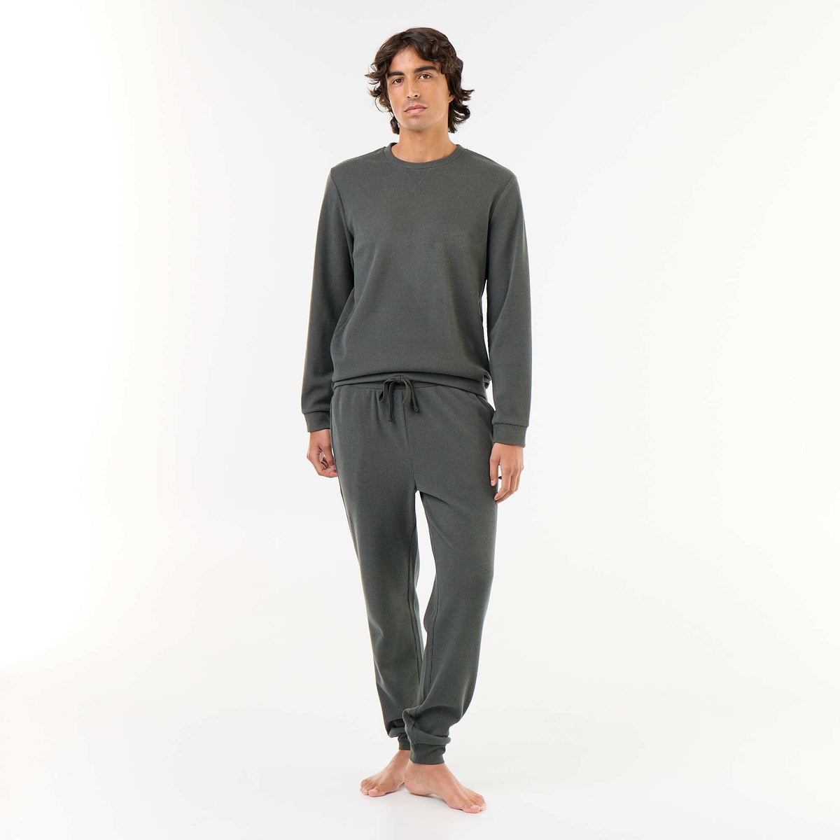 Long Sleeve T-Shirt and Waffle Knit Pants Pajama Set - 2 Piece GREEN