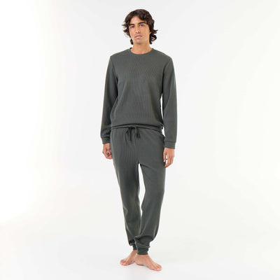 Long Sleeve T-Shirt and Waffle Knit Pants Pajama Set - 2 Piece GREEN