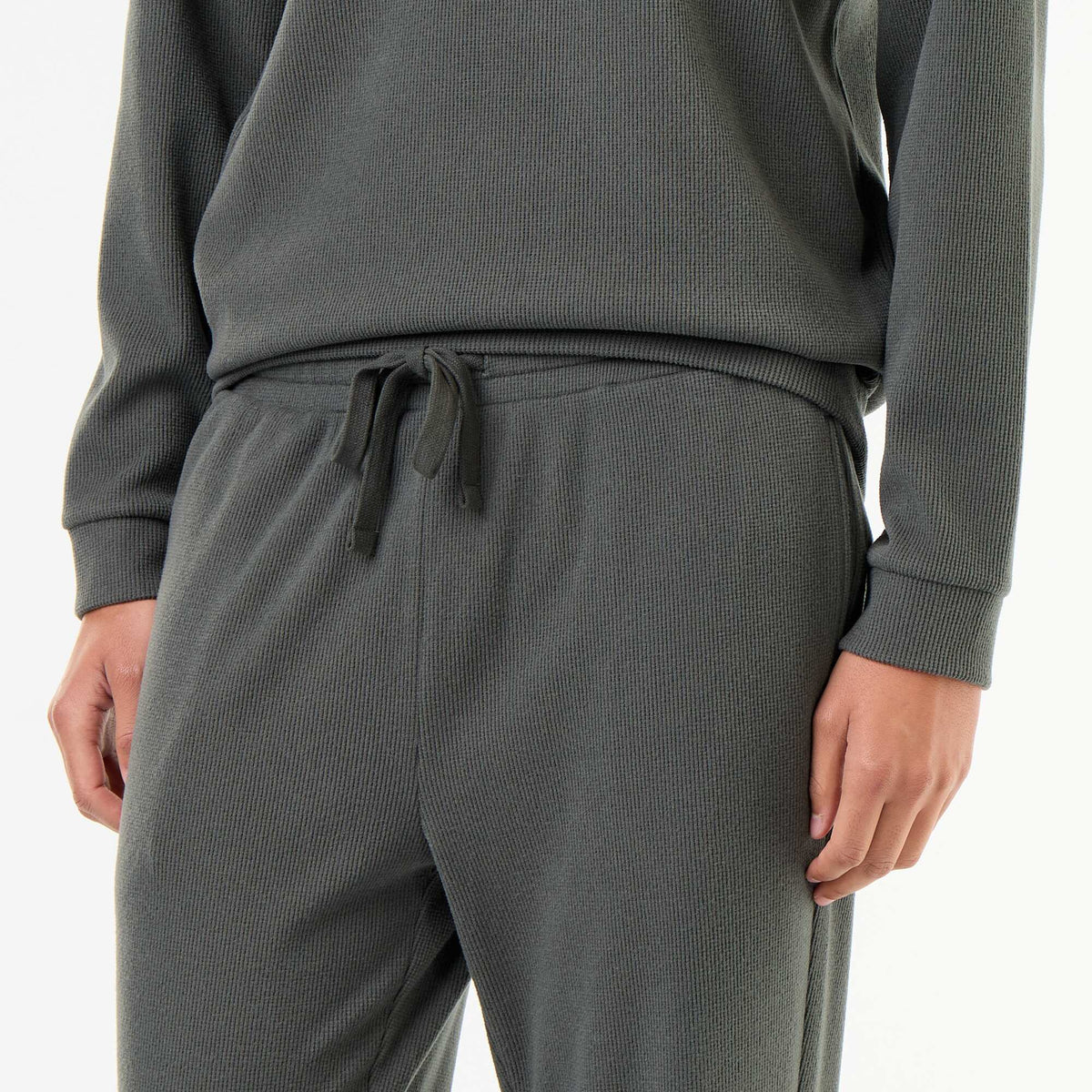 Long Sleeve T-Shirt and Waffle Knit Pants Pajama Set - 2 Piece GREEN