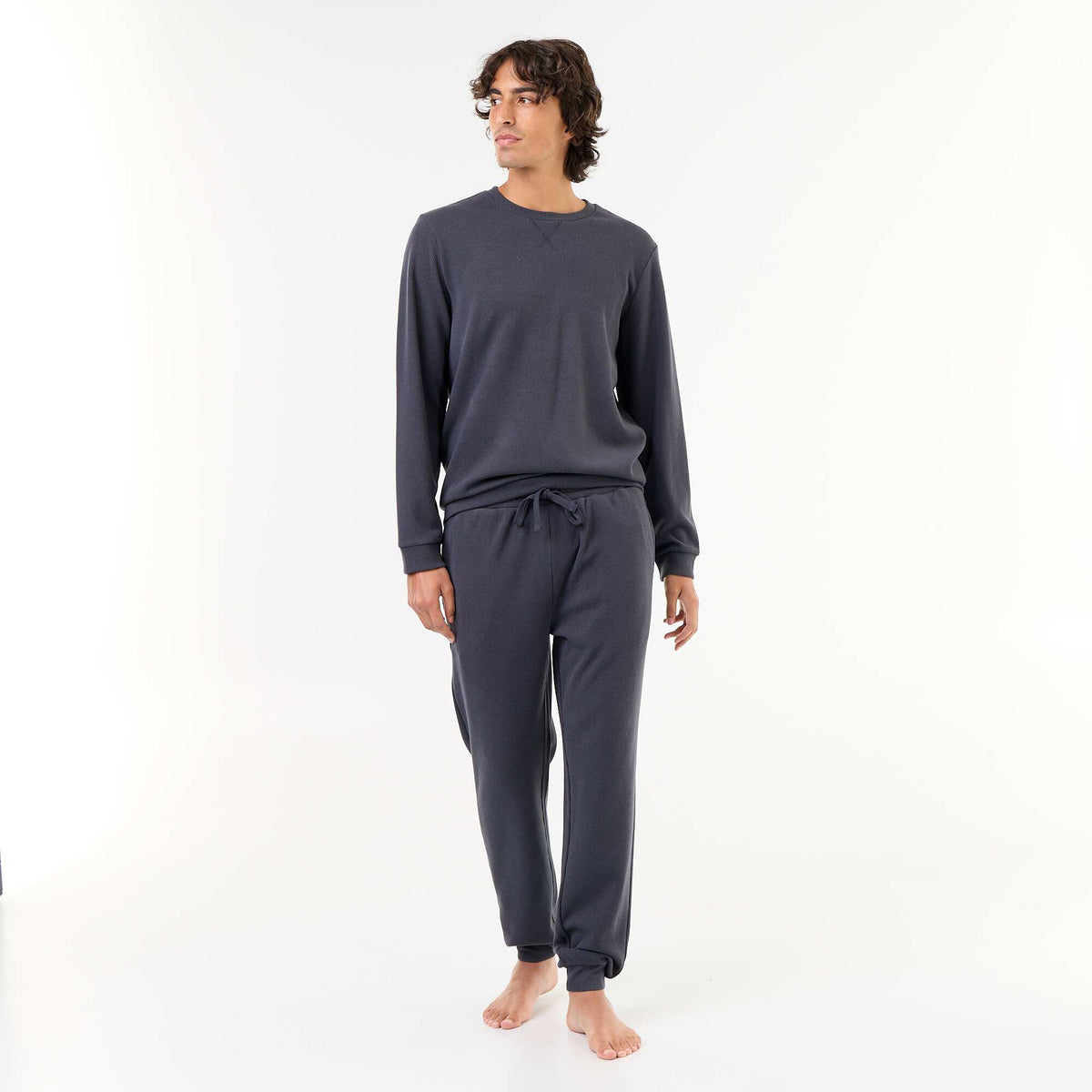 Long Sleeve T-Shirt and Waffle Knit Pants Pajama Set - 2 Piece BLUE
