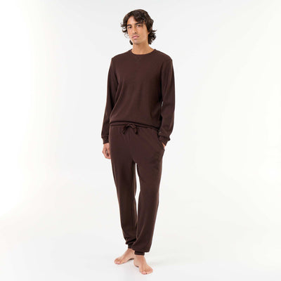 Long Sleeve T-Shirt and Waffle Knit Pants Pajama Set - 2 Piece BROWN