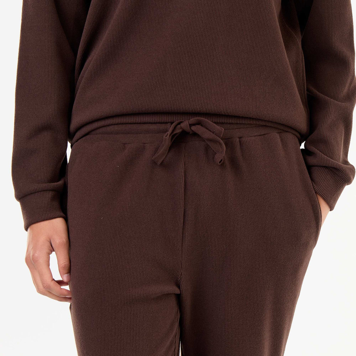 Long Sleeve T-Shirt and Waffle Knit Pants Pajama Set - 2 Piece BROWN
