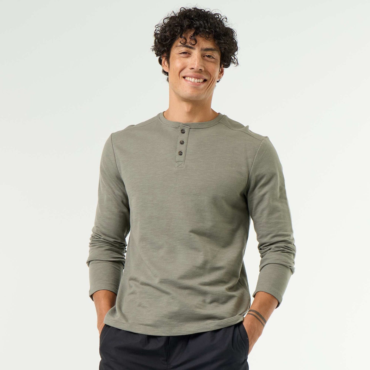 Men's Long-Sleeved Henley T-shirt GREEN