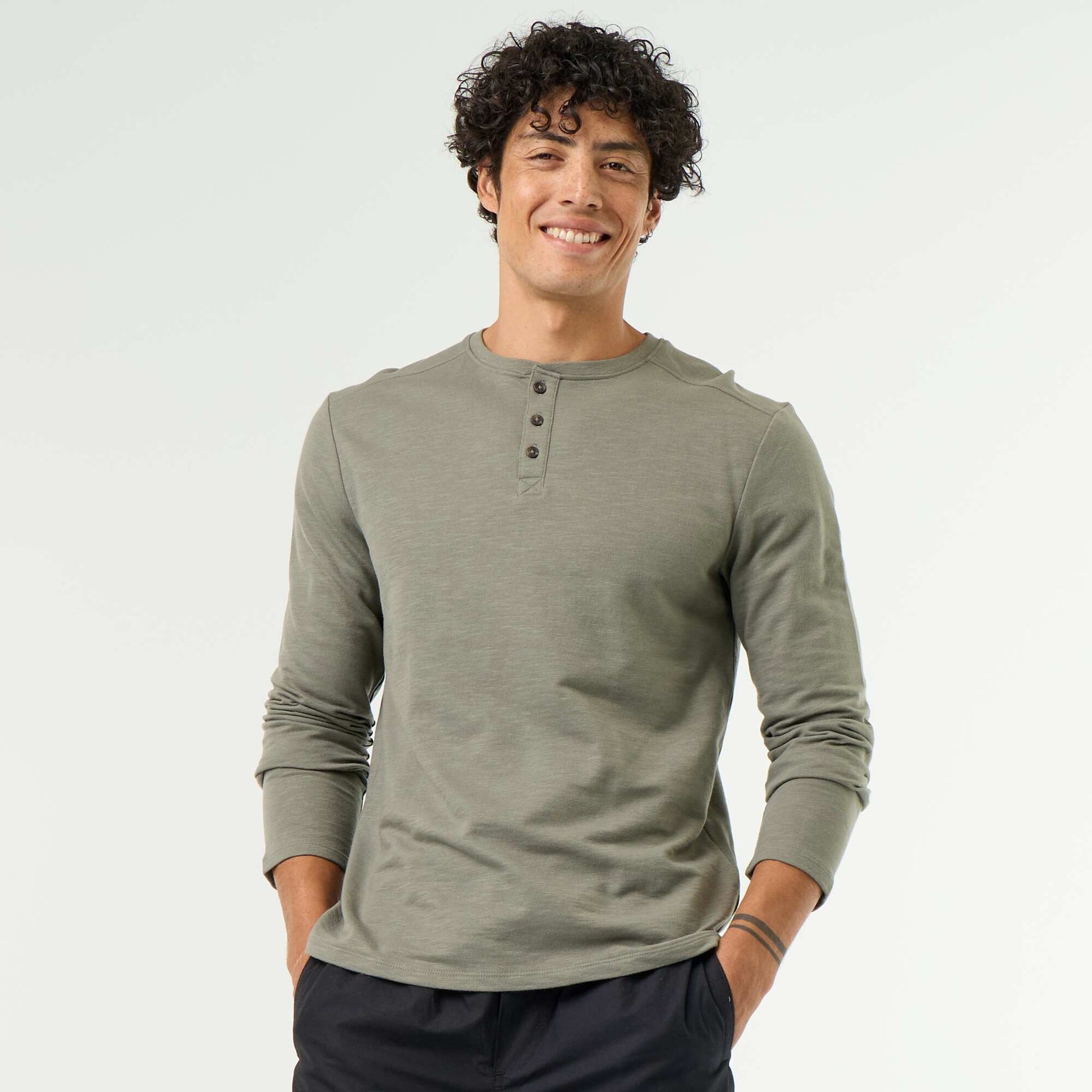 Men's Long-Sleeved Henley T-shirt GREEN