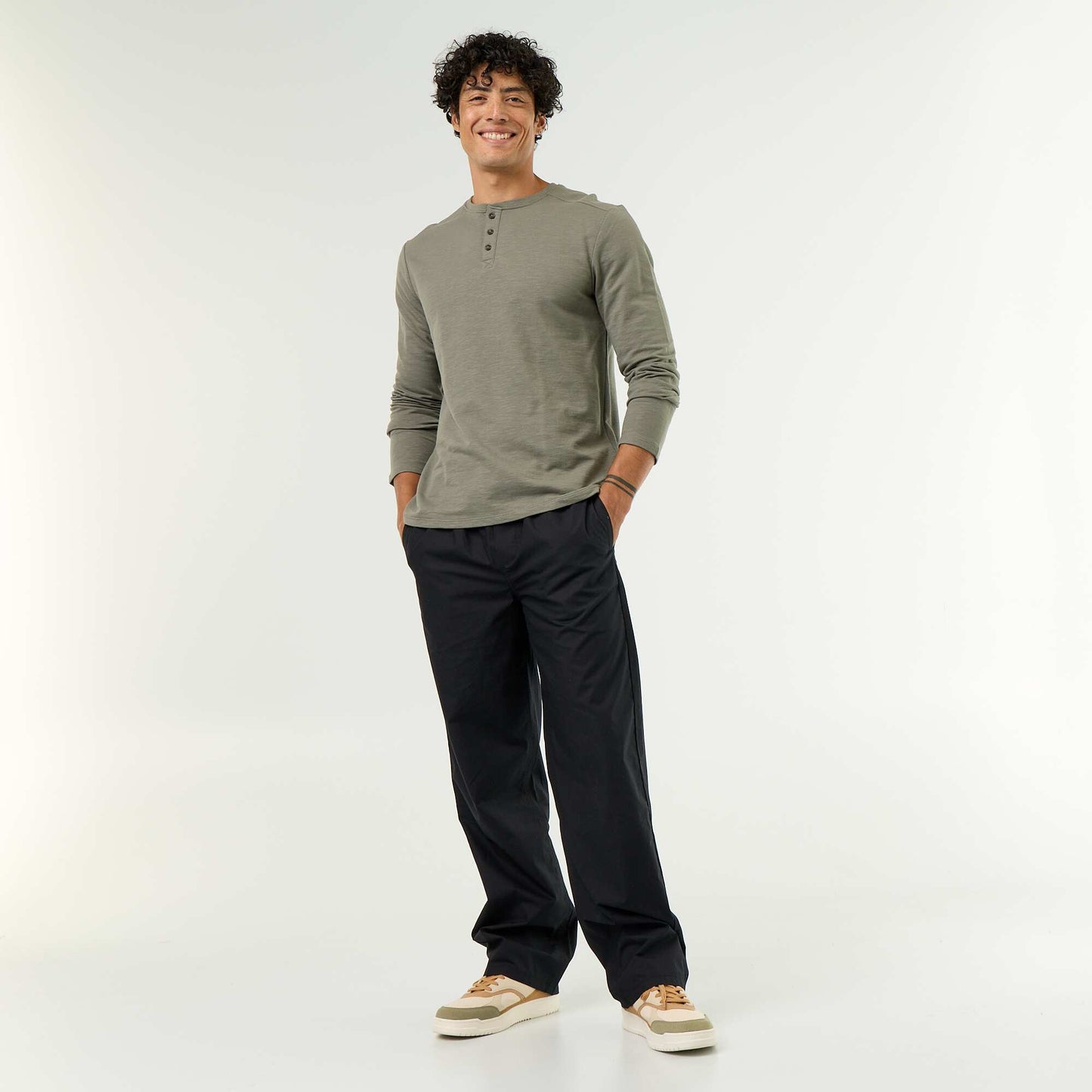 Men's Long-Sleeved Henley T-shirt GREEN