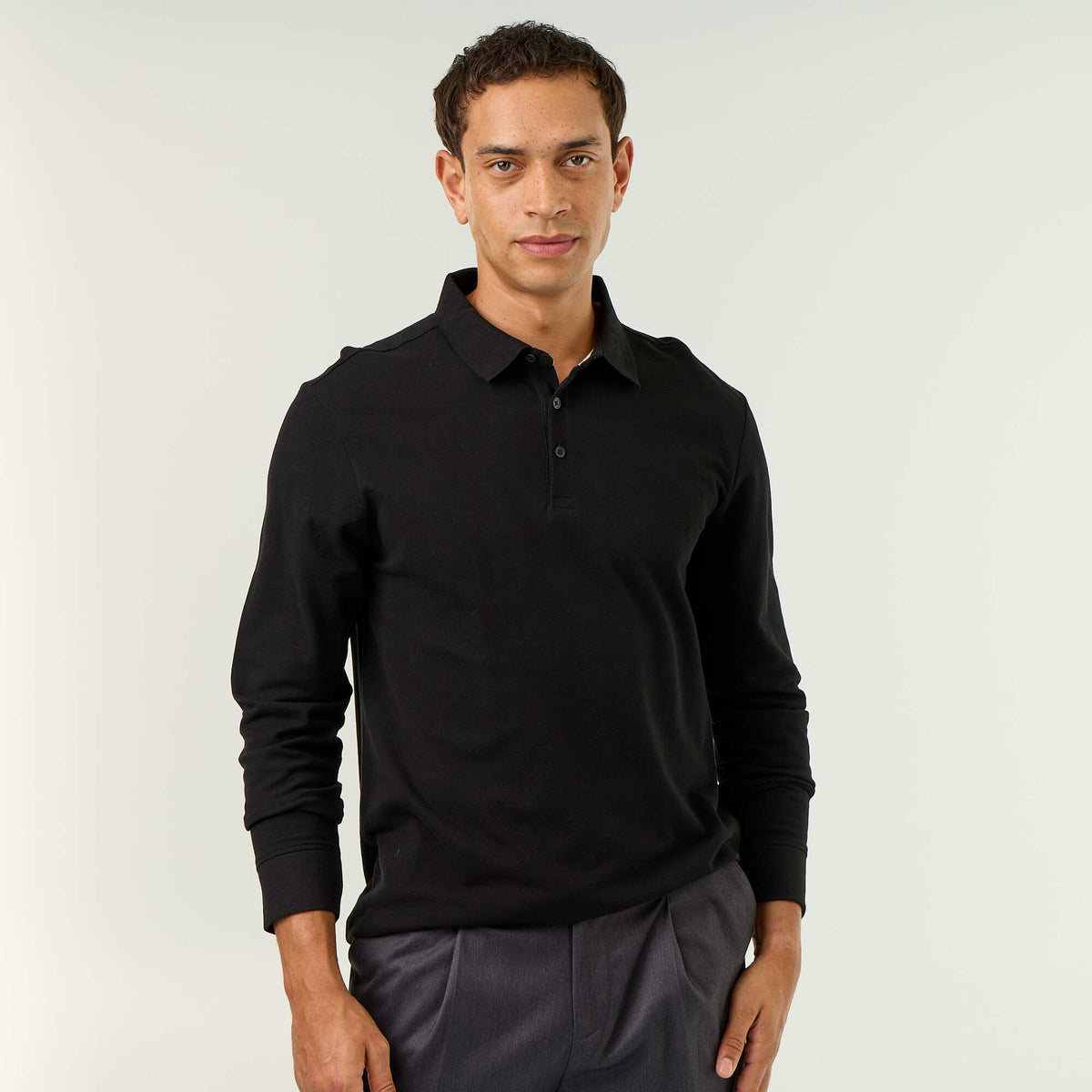 Piqué Knit Long-Sleeved Polo Shirt BLACK