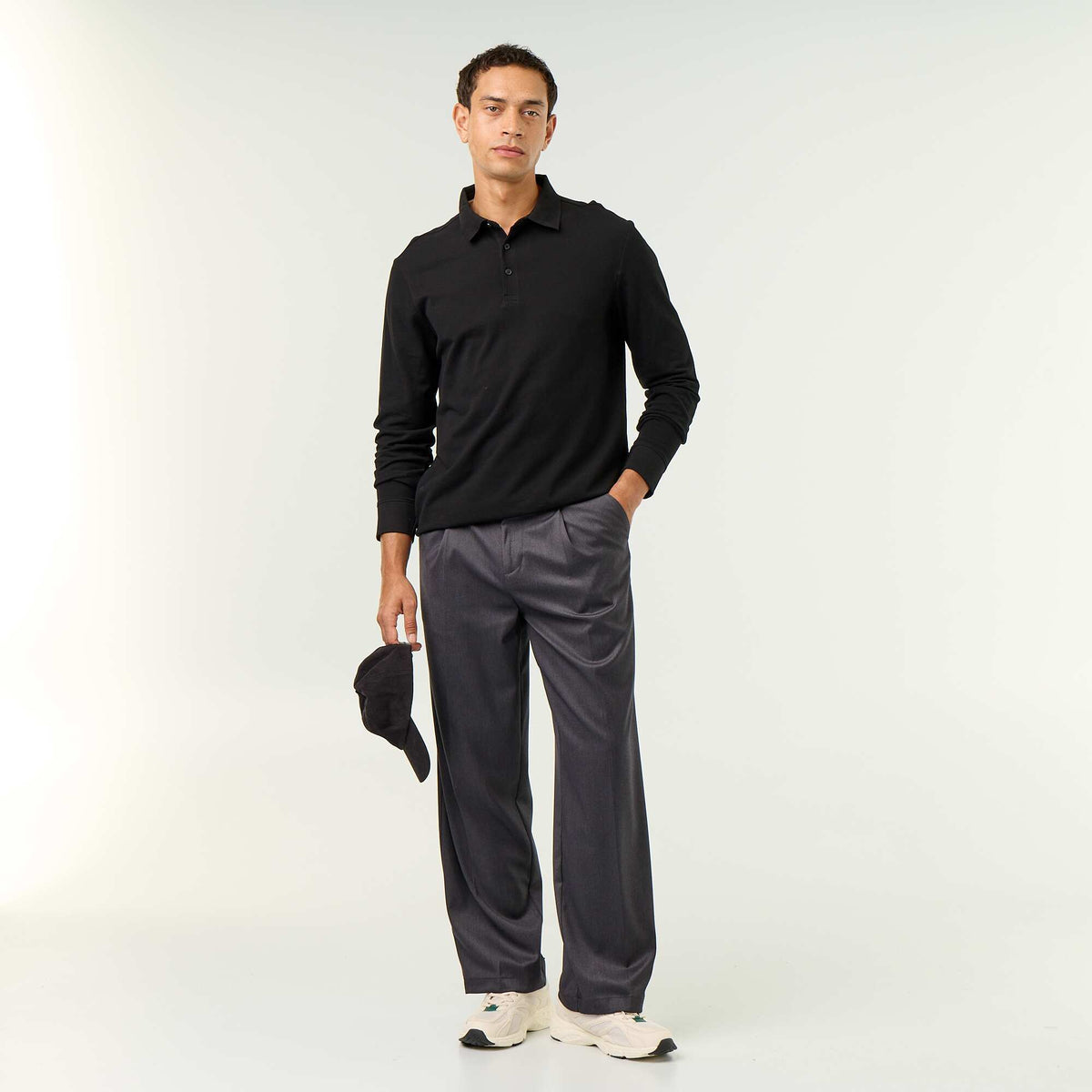 Piqué Knit Long-Sleeved Polo Shirt BLACK