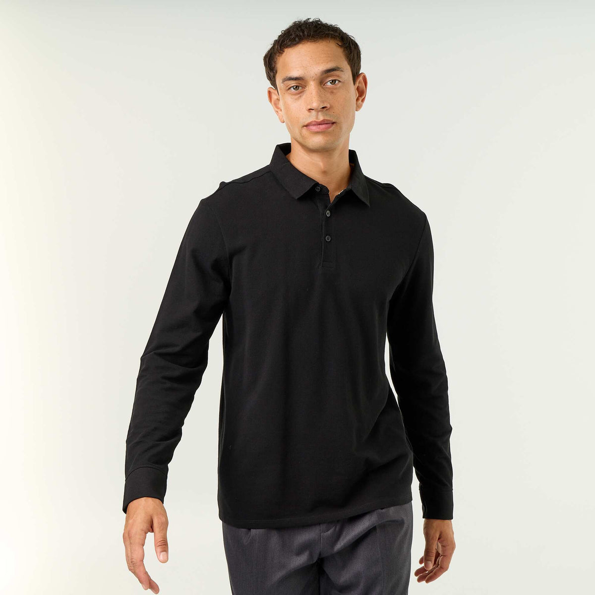 Piqué Knit Long-Sleeved Polo Shirt BLACK
