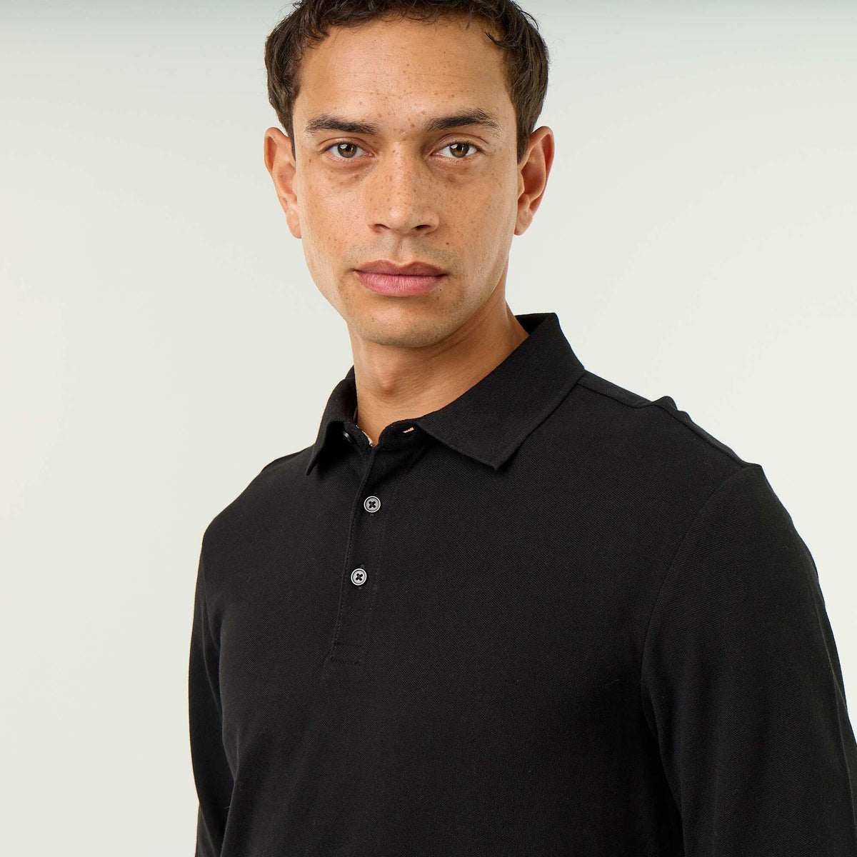 Piqué Knit Long-Sleeved Polo Shirt BLACK