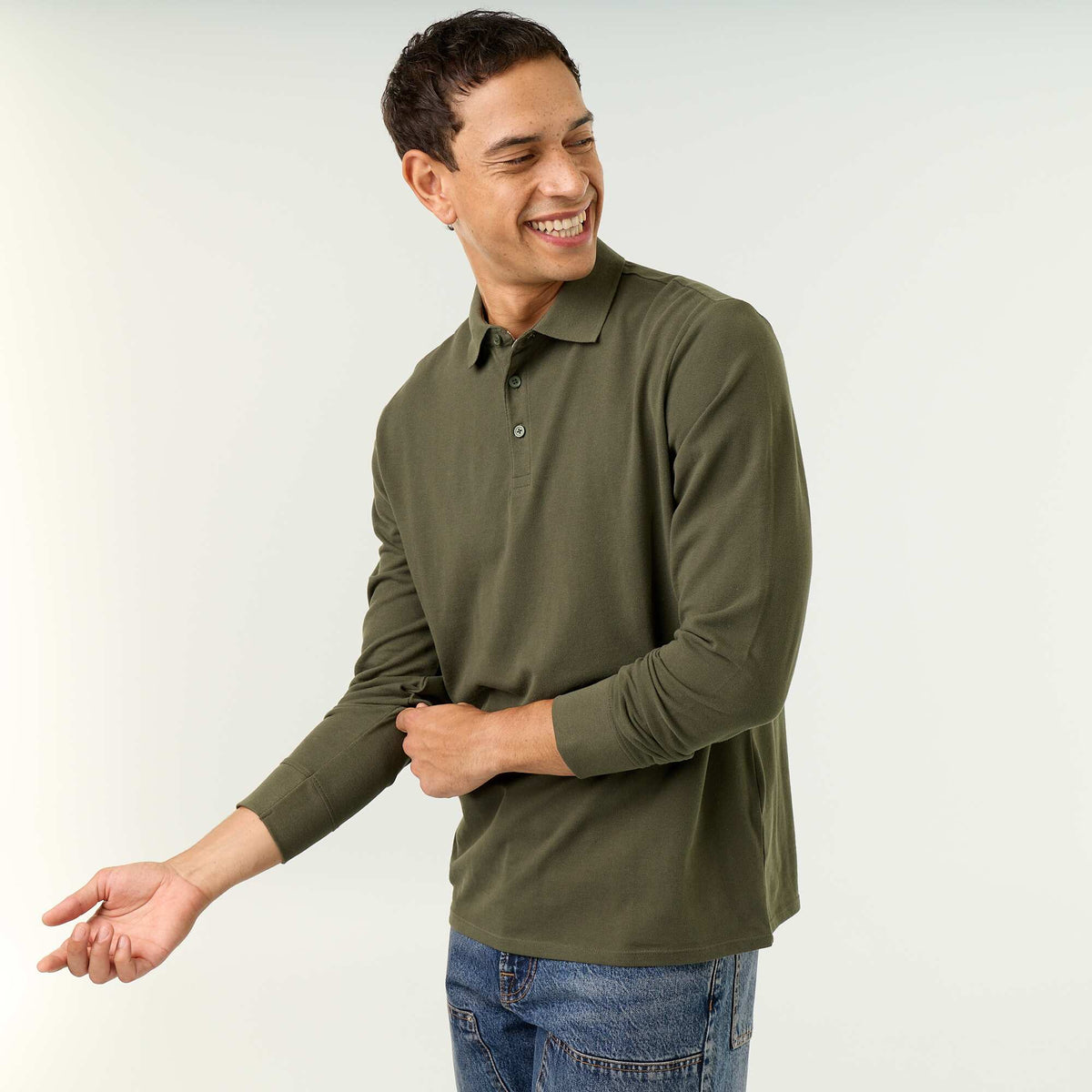 Piqué Knit Long-Sleeved Polo Shirt GREEN