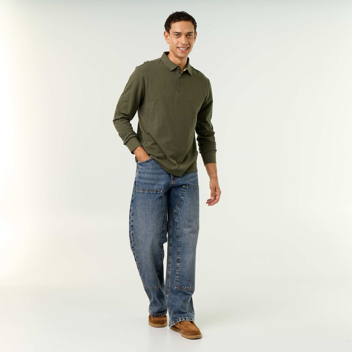 Piqué Knit Long-Sleeved Polo Shirt GREEN