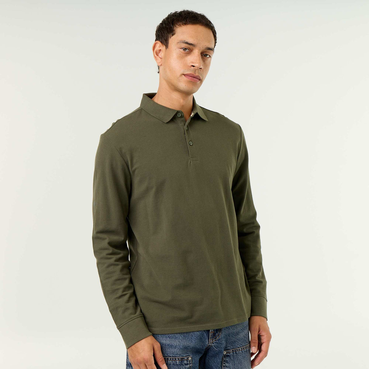 Piqué Knit Long-Sleeved Polo Shirt GREEN