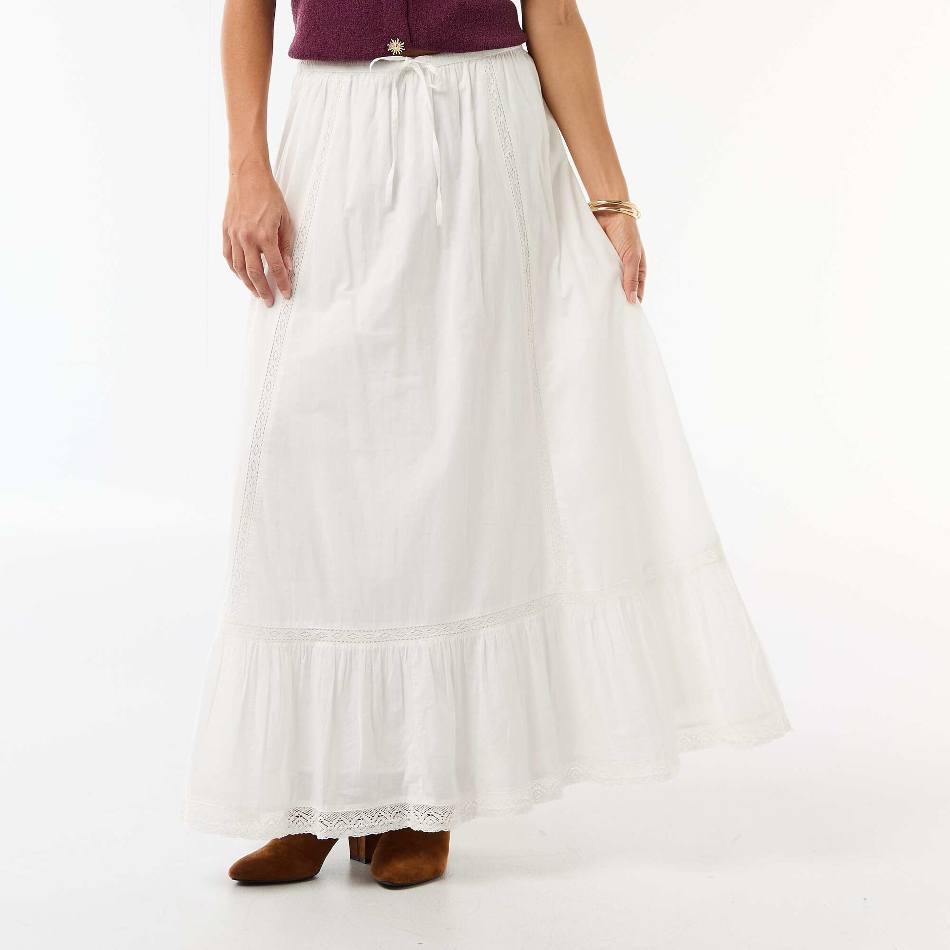 Long flared skirt with macramé WHITE
