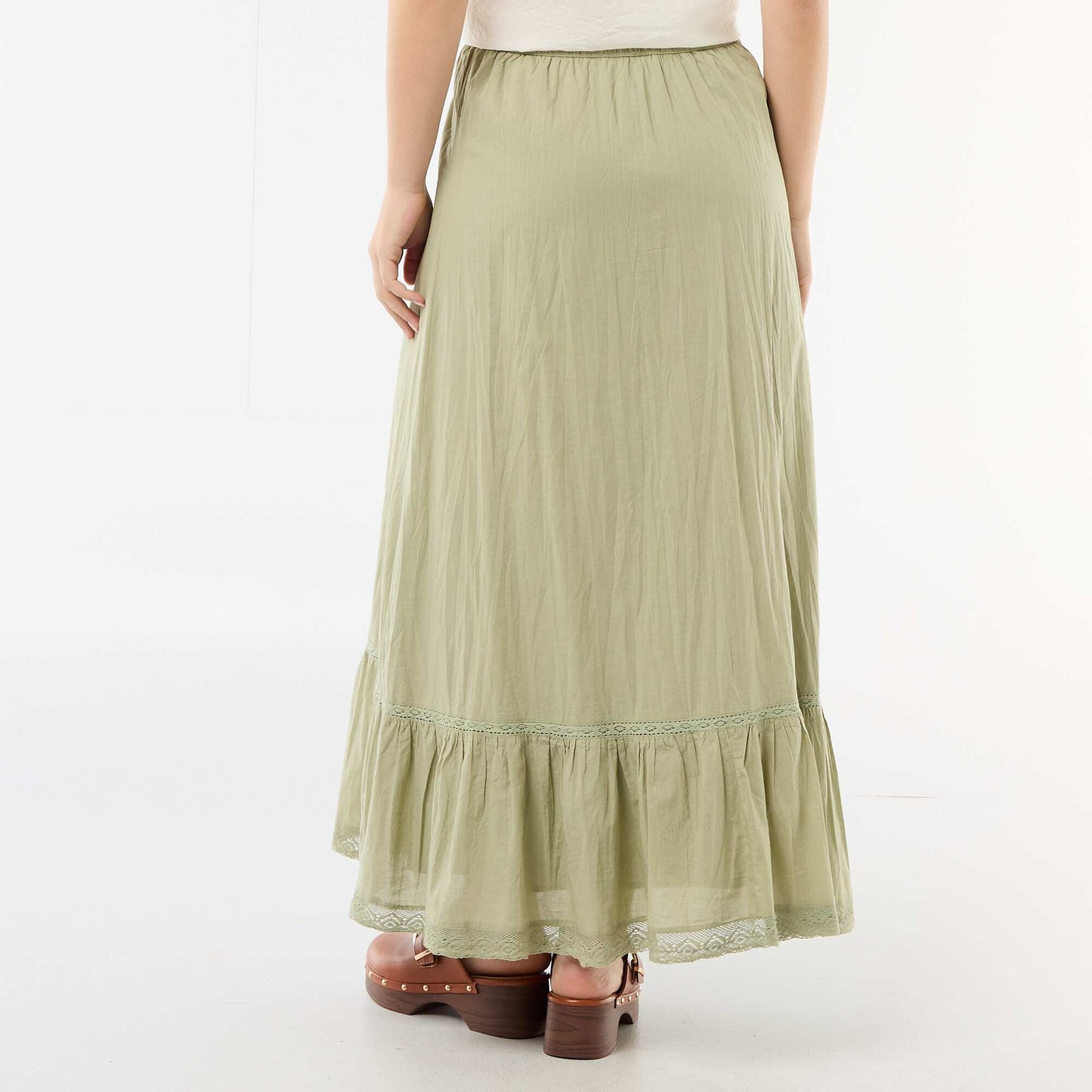 Long flared skirt with macramé GREEN