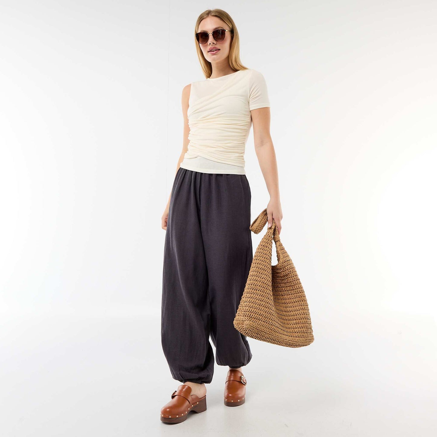 Women's Wide-Leg Pants with Elasticated Waist and Cinched Ankles GREY