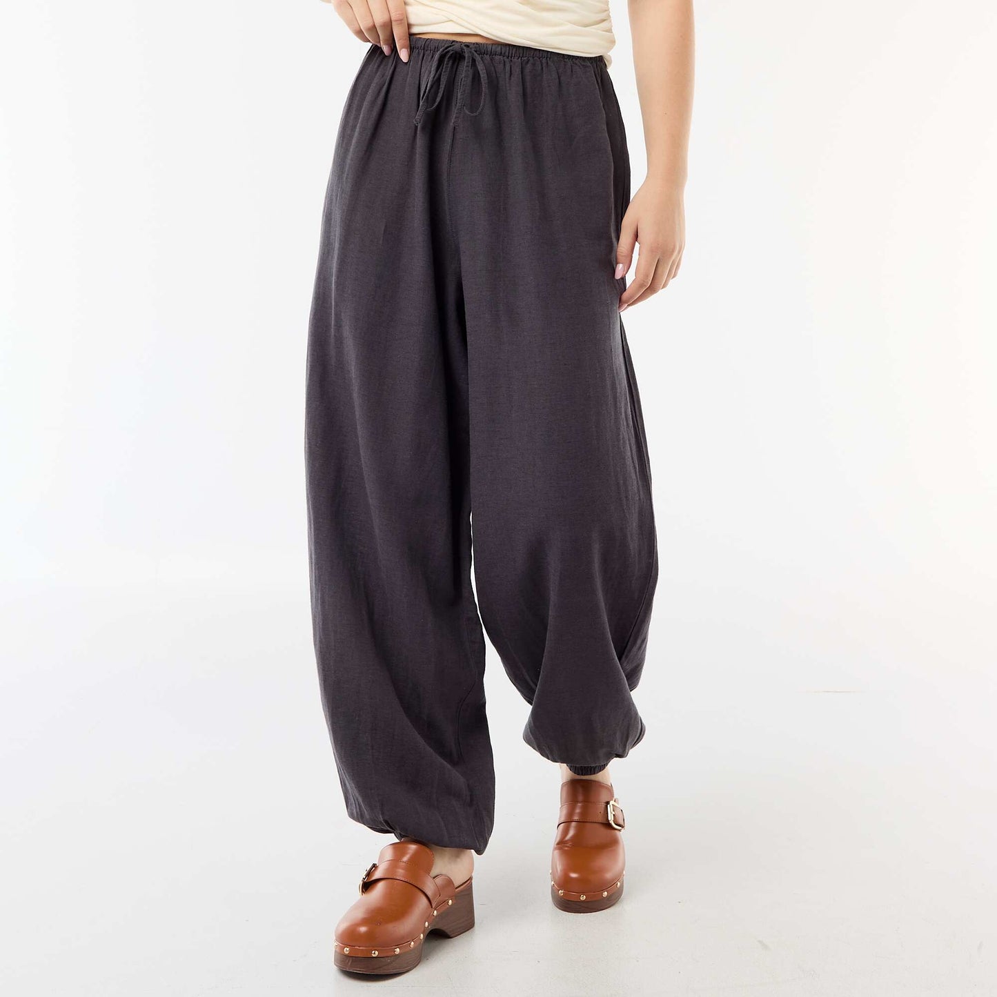 Women's Wide-Leg Pants with Elasticated Waist and Cinched Ankles GREY