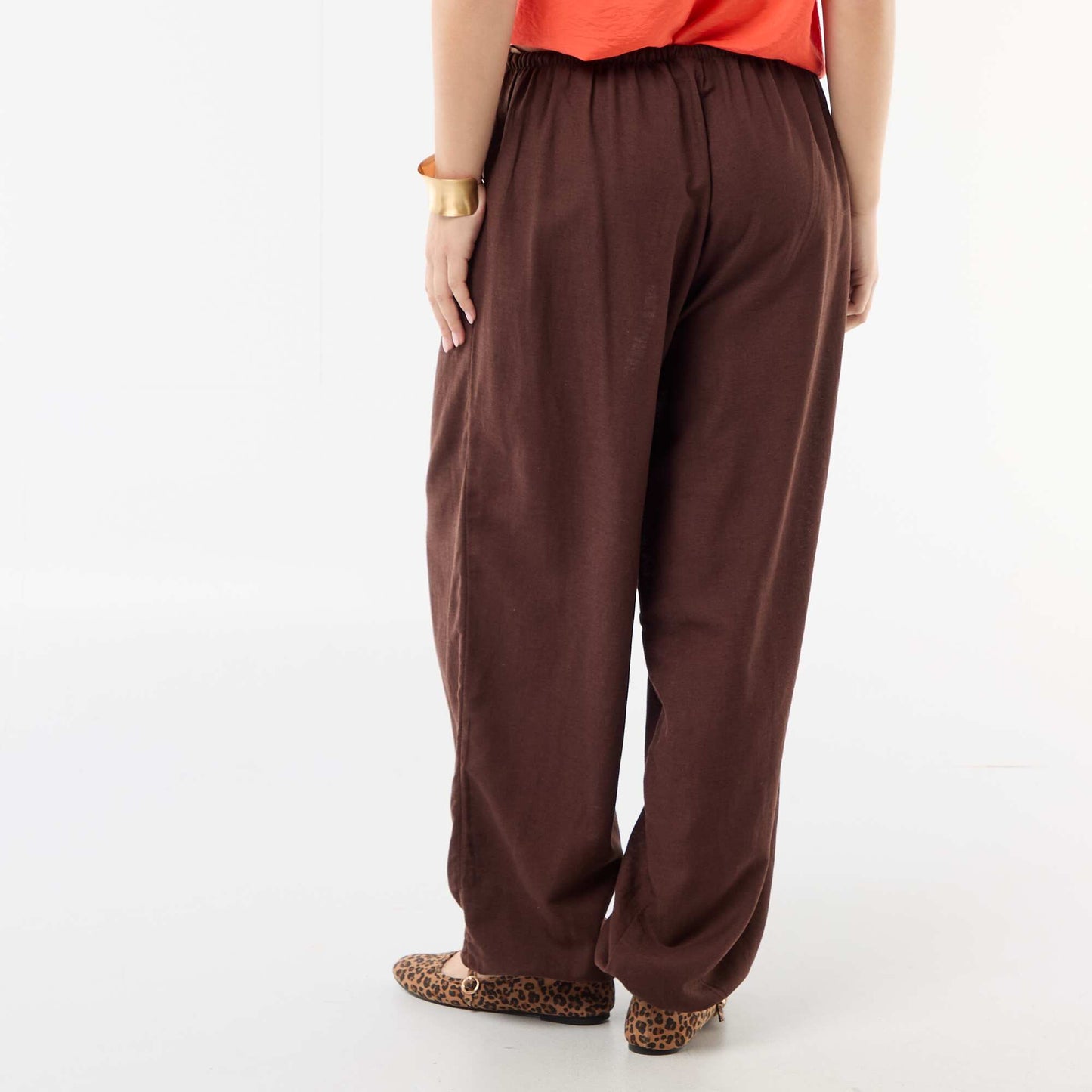 Solid Wide-Leg Pants with Elastic Waistband BROWN