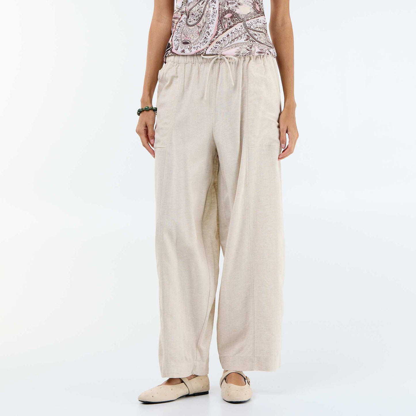 Wide-leg linen blend trousers WHITE