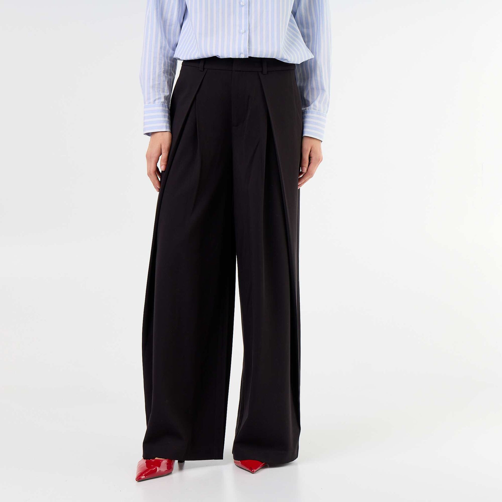 Pleated High-Waisted Wide-Leg Trousers BLACK