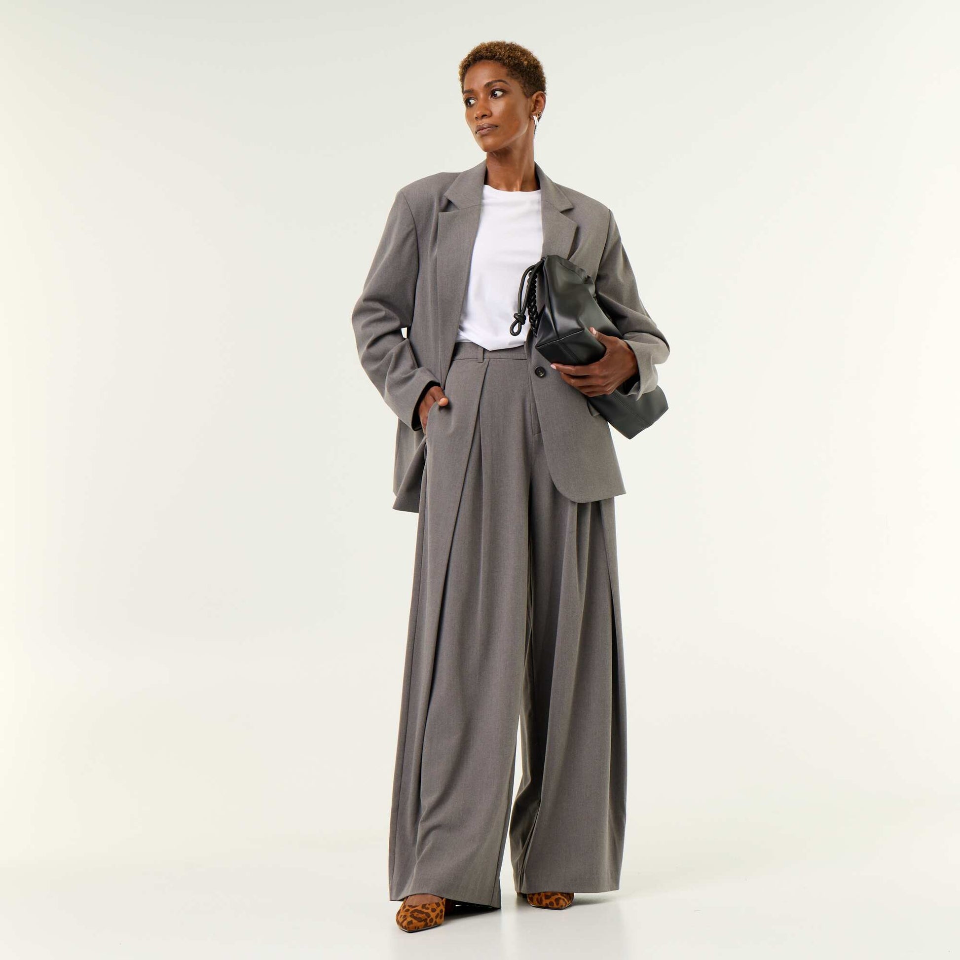 Pleated High-Waisted Wide-Leg Trousers GREY