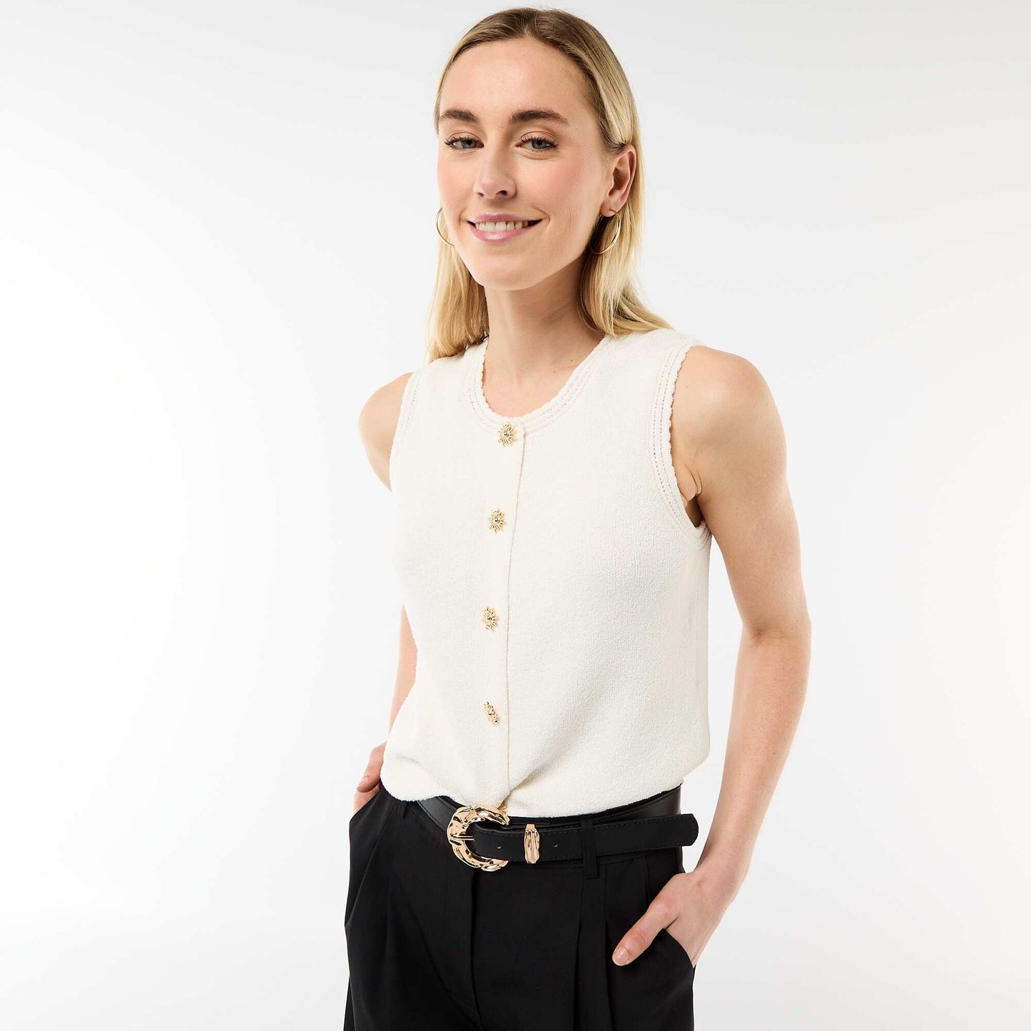 Sleeveless Top with Gold Buttons BEIGE