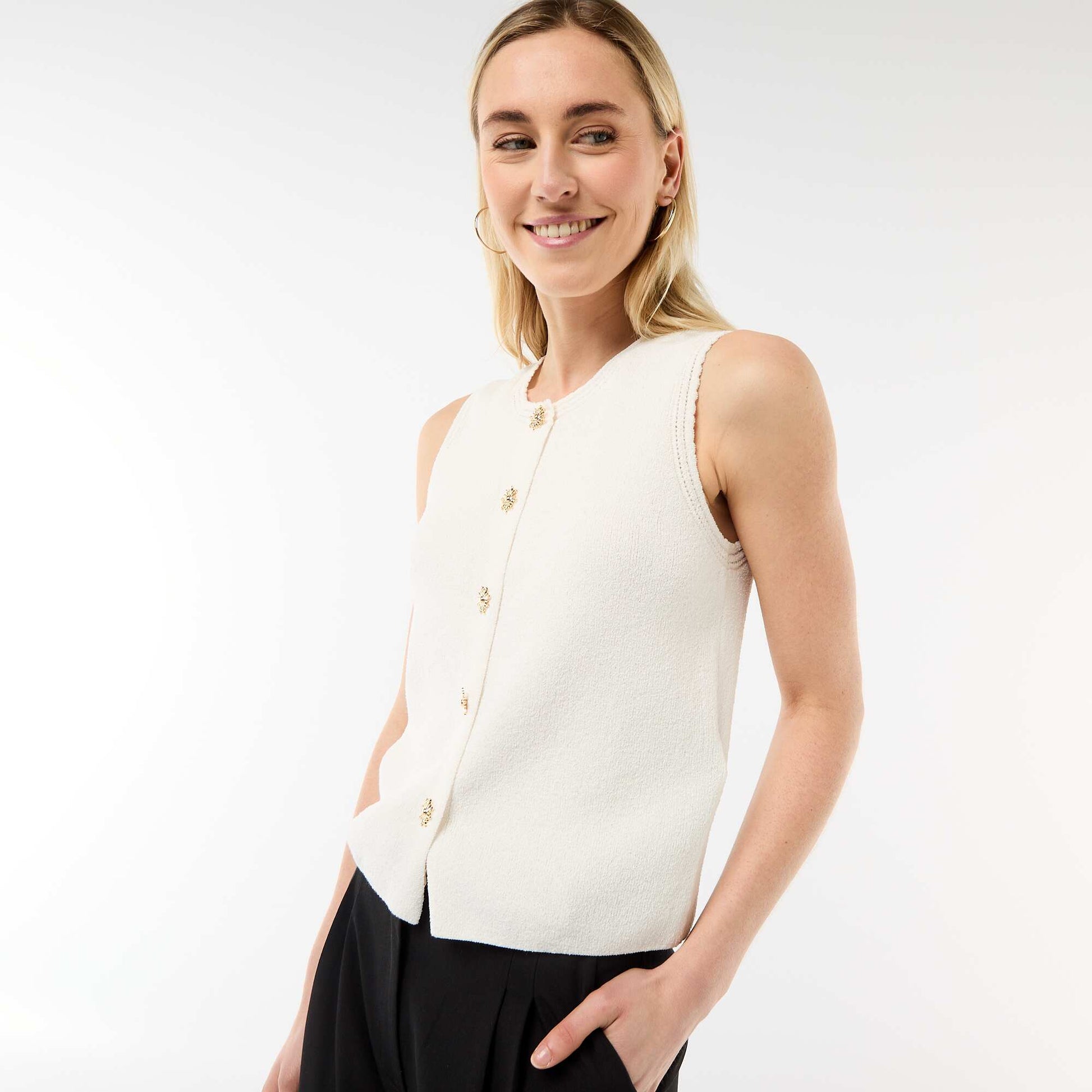 Sleeveless Top with Gold Buttons BEIGE