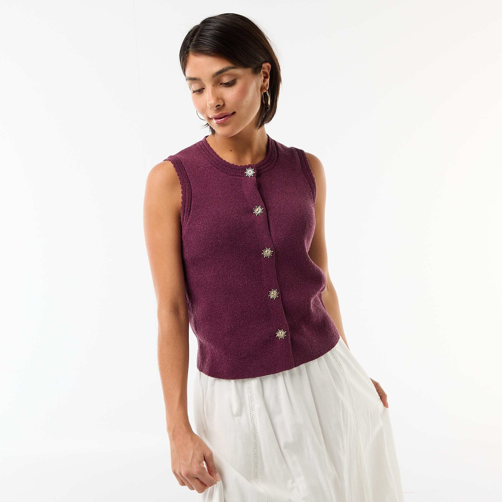 Sleeveless Top with Gold Buttons PURPLE